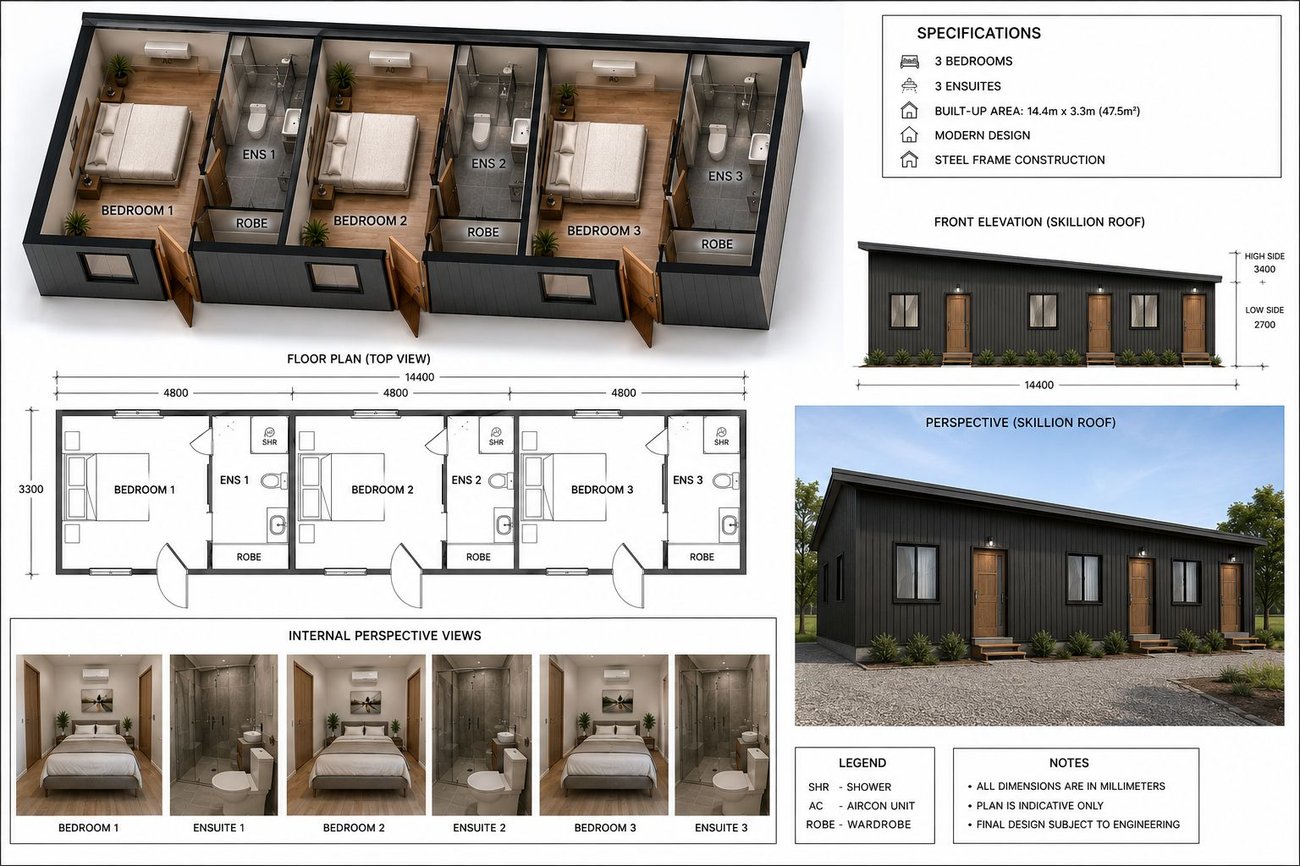 Mine-site modular accommodation concept, 3 bedroom 3 ensuite